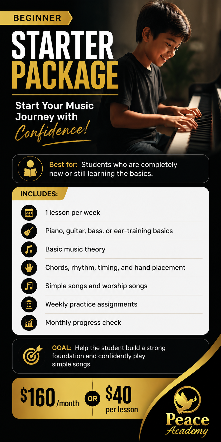 Peace Academy Starter Package — beginner music lessons in Aurora, Colorado for $160/month